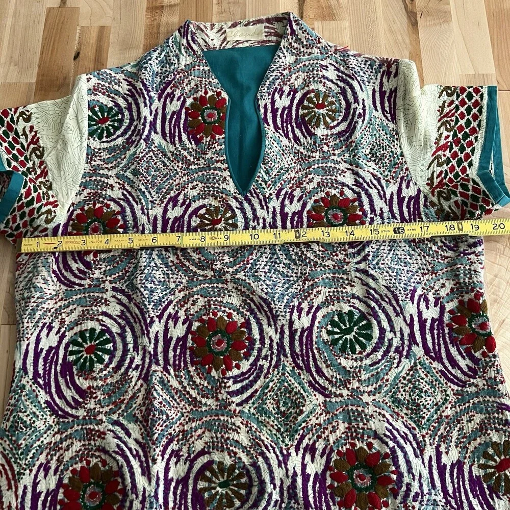 Women's Short Sleeve Side Split Tunic Kameez Multicolor Embroidered Cotton M - Picture 6 of 10